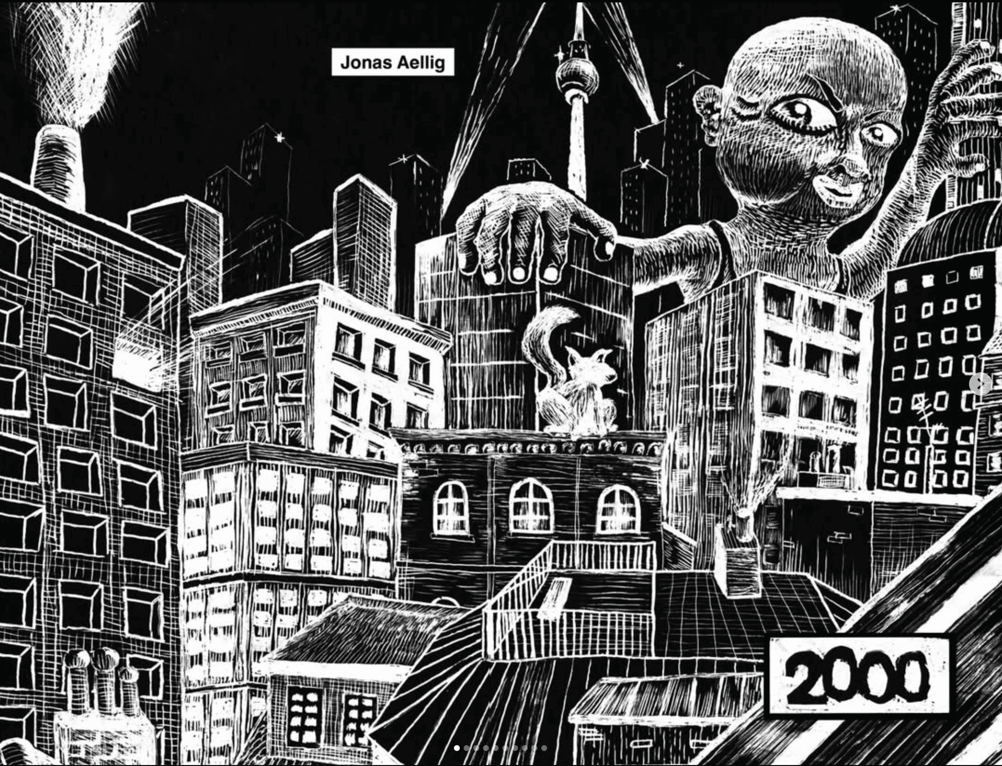 Schwarz-weisse Stadtlandschaft mit einer riesigen Figur